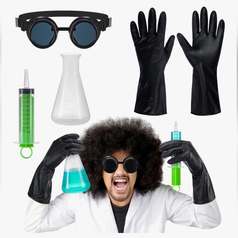 4 Pcs Mad Scientist Costume Adult Gloves Goggles Flask Syringe Prop Unisex
